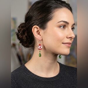 Artisan Handcrafted Red & Green Floral Glass & Crystal Earrings